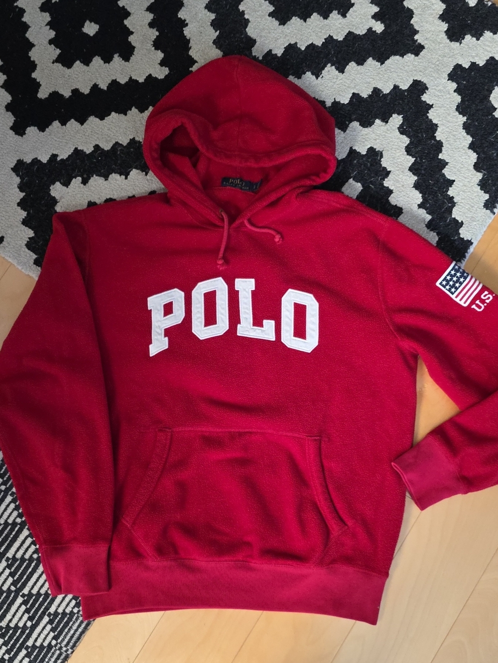 Polo by Ralph Lauren Red Hooded Sweatshirt with White POLO Applique